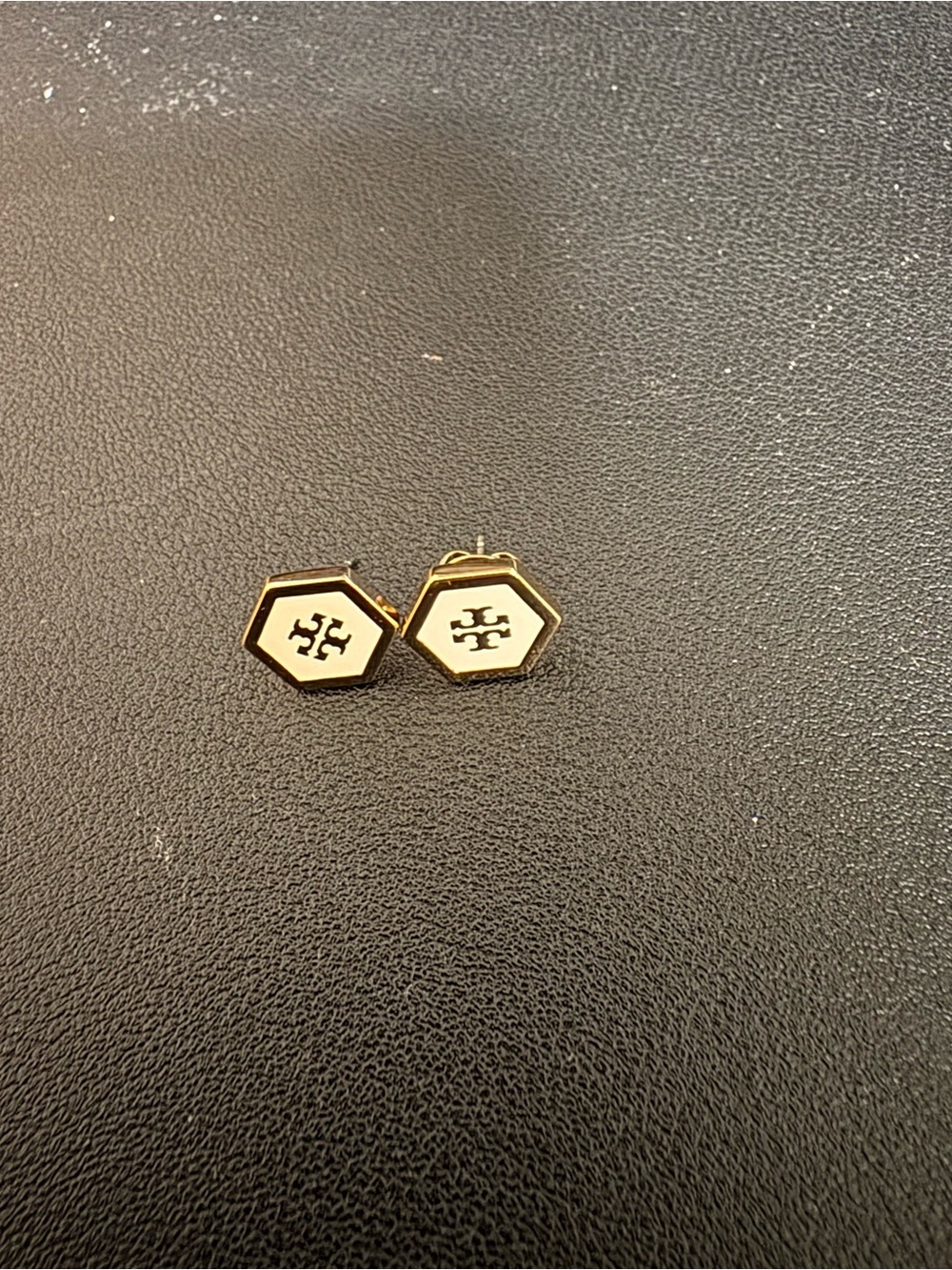Tory Burch Hexagon Logo Stud Earrings in Cream and Gold
